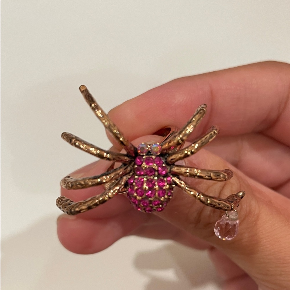Betsey Johnson Vintage Fuchsia Pink Crystal Blood Drop Spider Copper ring